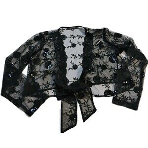 Lauren Max Women's XL Black Sheer Sequin Embroidered Cardigan Shrug Tie Front